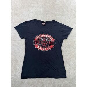 Harley Davidson Tee Shirt Womens Large Black Red Hot Motor Oil Biker Devil